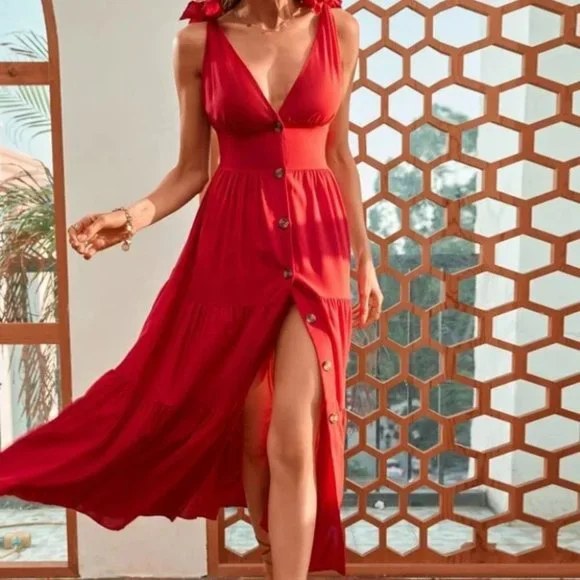 Button Front Ruffle Hem Dress RED - Picture 4 of 5